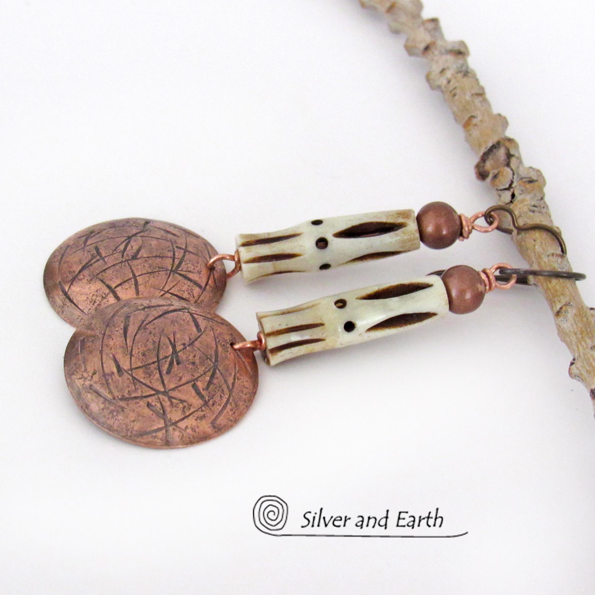 African Tribal Earrings with Copper Dangles African Carved Bone Silver and Earth Jewelry